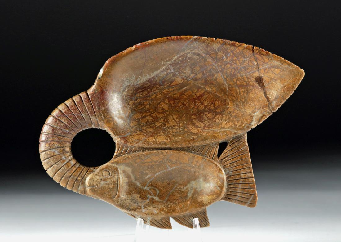 Egyptian Steatite Cosmetic Dish - Double Fish: Ancient Egypt, New Kingdom / Third Intermediate Period, ca. 1550 to 712 BCE. A handsome steatite cosmetic dish in the form of a fish, a remarkably long-lived style of dish favored by the ancient Egypt