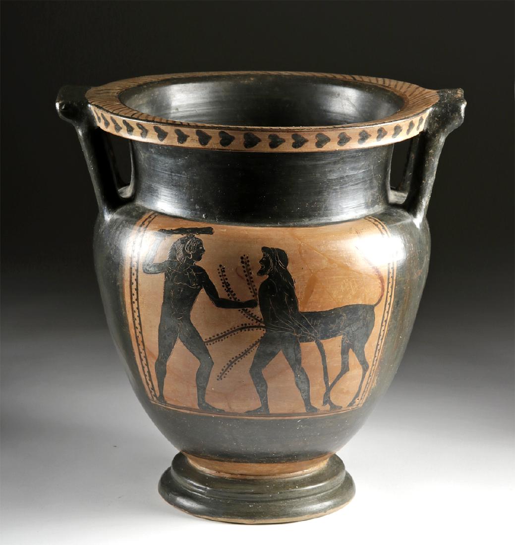 Etruscan Column Krater, Micali Painter, ex Christie's: Central Italy, Tarquinia, Etruscan, attributed to the Micali Painter or one of his close followers, ca. 500 to 490 BCE. A magnificent column krater, finely painted in the black-figure technique, and p