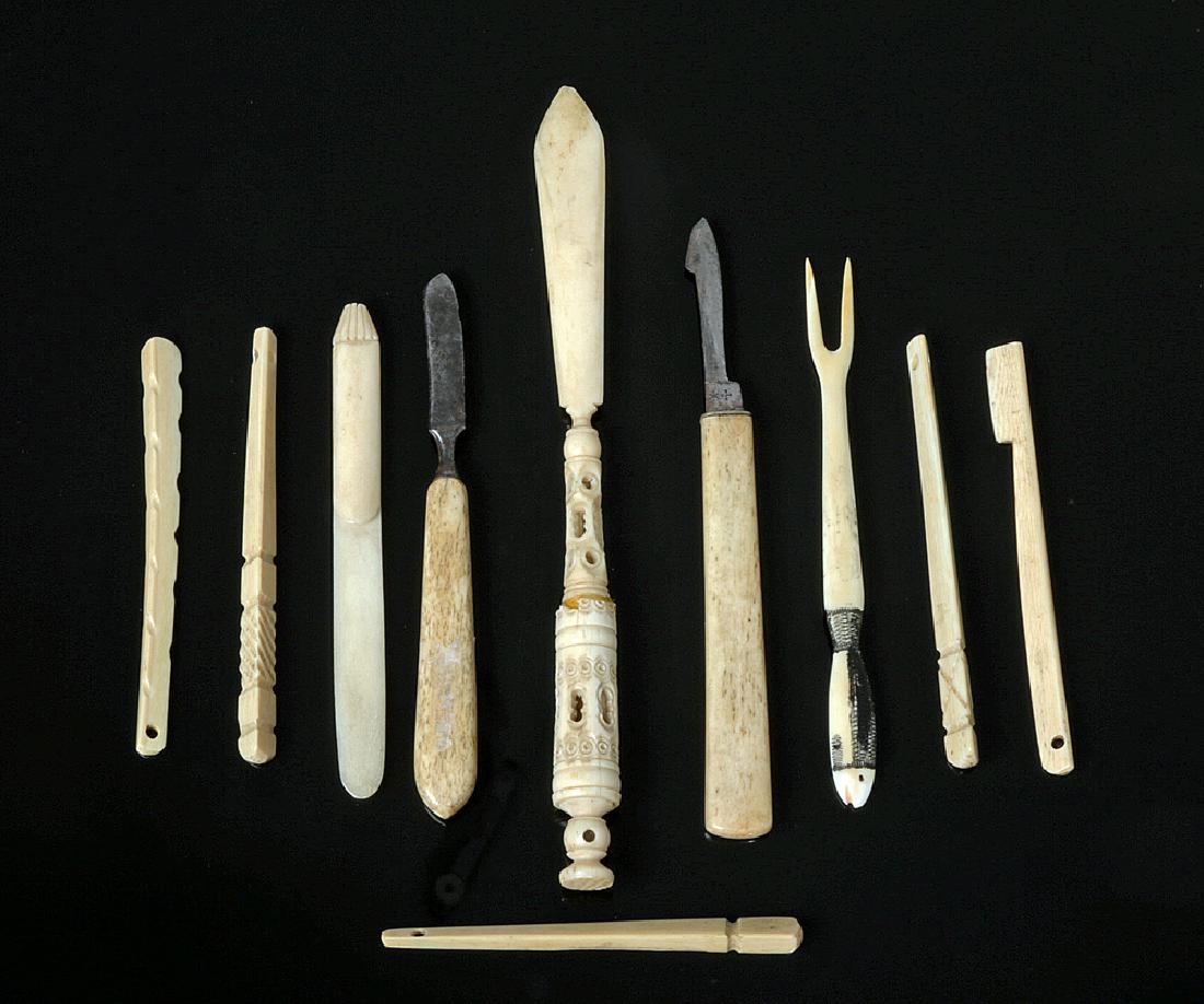 Rare 19th C. Collection of 10 Eskimo Bone Tools: **Originally Listed At $500** North America, Native American, Pacific Northwest, Alaska, Inuit Eskimos, ca. 1880 CE. A rare ensemble of ten carved Eskimo tools in a variety of forms from the late 1800