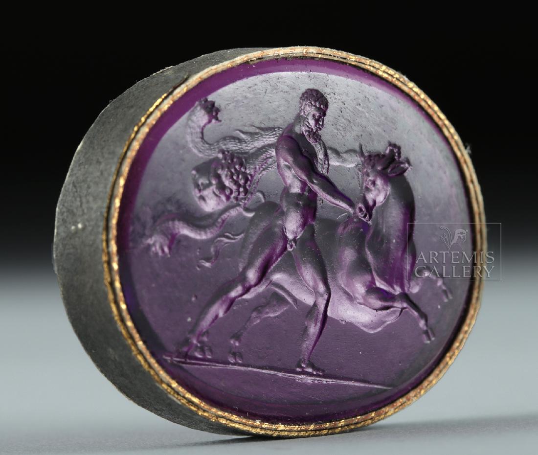 18th C. Neoclassical Glass Intaglio - Hercules & Bull: **First Time At Auction** Northern Europe, Neoclassical period, ca. 18th century CE. A beautiful purple glass intaglio depicting the seventh labor of Hercules (Herakles), the Cretan Bull. The Neoclass
