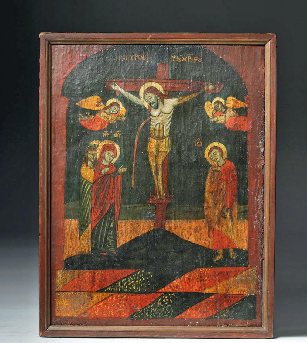 19th C. Greek Orthodox Wood Icon - Crucifixion (1 of 8)