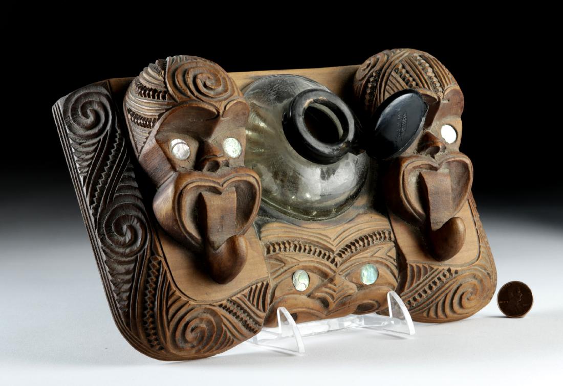 Early 20th C. Maori Wood Inkwell w/ Abalone Inlays (1 of 5)