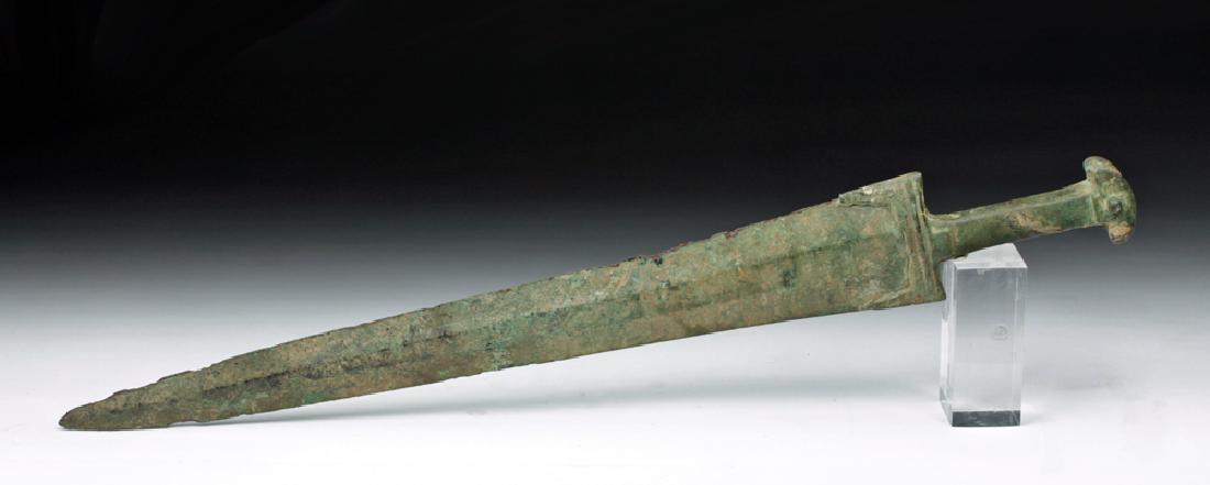 Luristan Bronze Sword - Double Ear Pommel: Ancient Near East, Luristan, ca. 1200 to 800 BCE. A good example of a classic Central Asian form, a bronze sword of the "double ear" pommel style, made by highly trained artisans using the lost wax ca