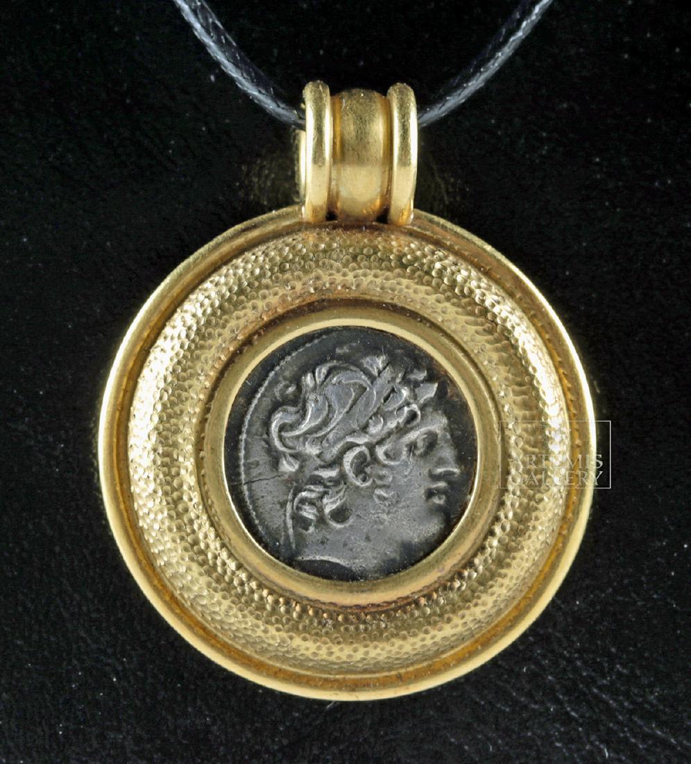 22K Gold Pendant w/ Ancient Seleucid Silver Coin 19.1 g: Coin: Syria, Seleucid Kingdom, Alexander I, Balas, ca. 150 to 145 BCE, silver drachm. Antioch Mint. Obverse: Diademed head of Alexander Balas I to right. Reverse: Apollo Delphios seated to left on omp