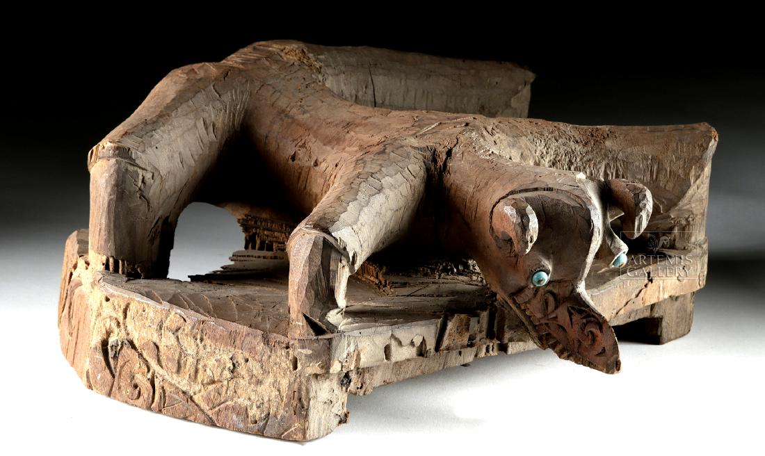 19th C. Sulawesi Toraja Wood Coffin Panel - Aso: Southeast Asia, Indonesia, South Sulawesi, Toraja, ca. late 19th to early 20th century CE. A hand-carved wooden coffin end panel from a buried coffin in the form of a stylized Aso, a protective zoomor
