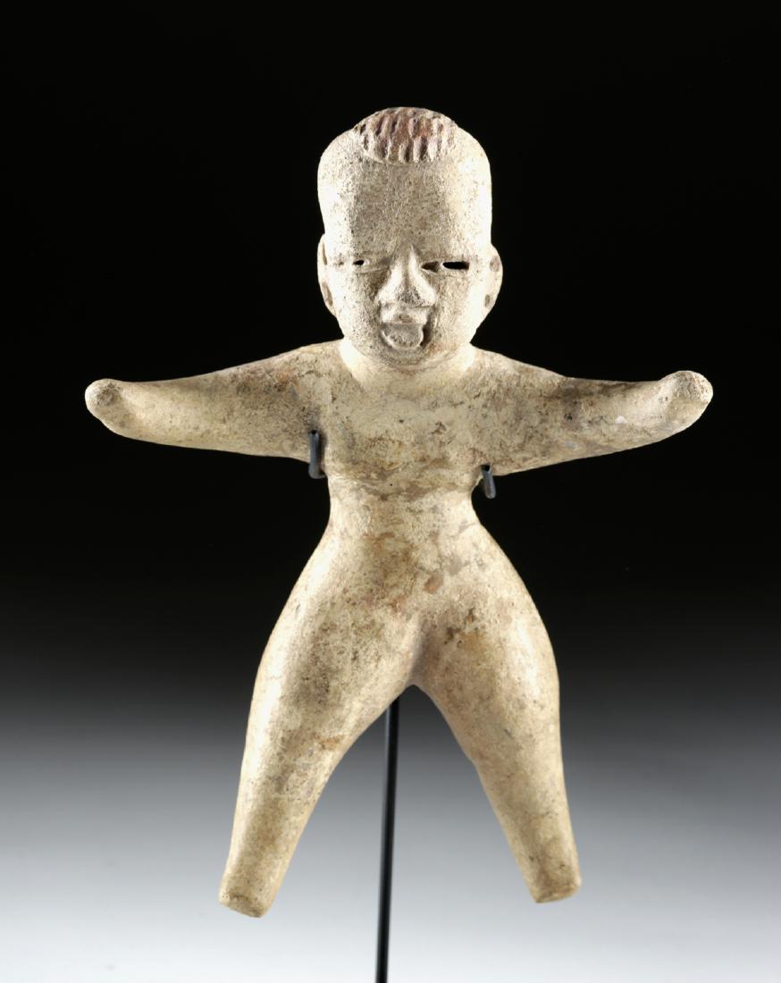 Olmec Pottery Standing Female Figure, TL Tested: Pre-Columbian, Mexico, Olmec period, Tlatilco people, Tlapacoya, ca. 1250 to 800 BCE. A remarkably well-preserved earthenware figure of a standing woman, hand-modeled and painted a chalky white. The f