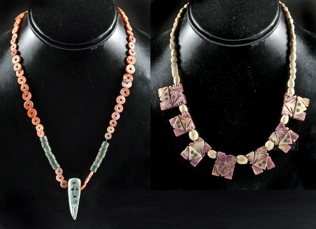 Costa Rica & Tairona Shell & Stone Necklaces: Pre-Columbian, Central America, Costa Rica, Guanacaste / Nicoya region, ca. 200 to 600 CE; Colombia, Tairona, ca. 800 to 1200 CE. A wonderful ensemble of two necklaces composed of beads carved from di