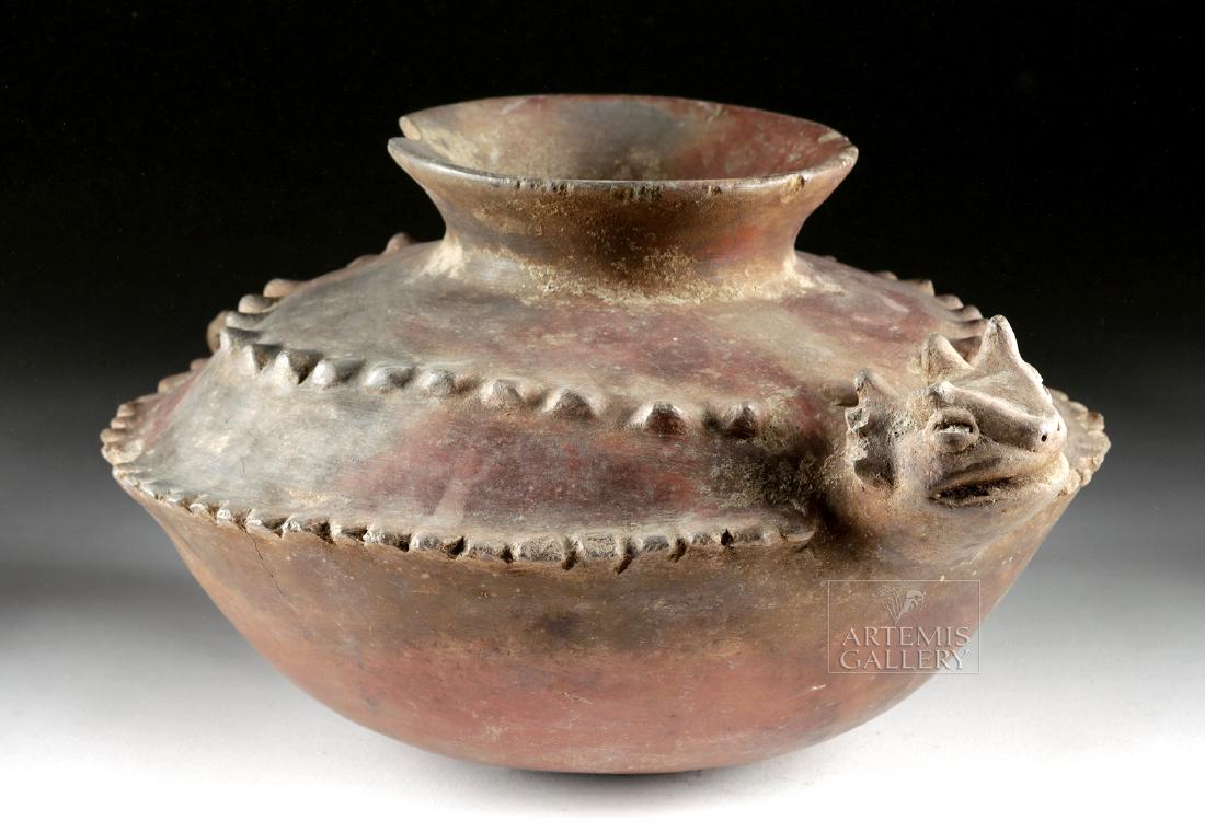 Colima Pottery Vessel - Horned Lizard: Pre-Columbian, West Mexico, Colima, ca. 300 BCE to 300 CE. A fantastic round-bodied, low vessel with a flanged body and wide, flared mouth with unpronounced rim. Around the body are two layers of frin