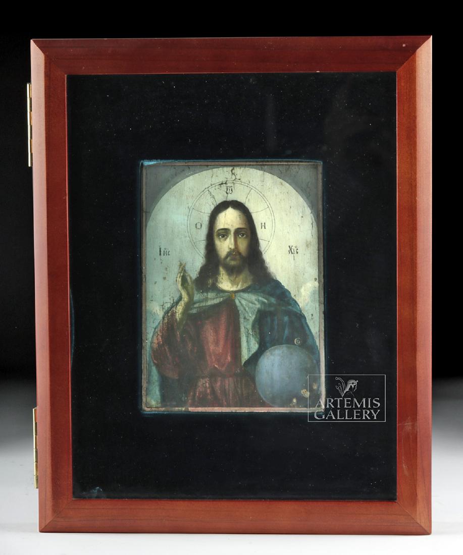 2-Sided 19th C. Russian Icon - Christ & Mother of God: Eastern Europe, Russia, ca. early 19th century CE. Finely painted in egg tempera on wood, a double-sided icon set in a glass-fronted case/kiot. One side depicts Christ as Salvator Mundi, Savior of the