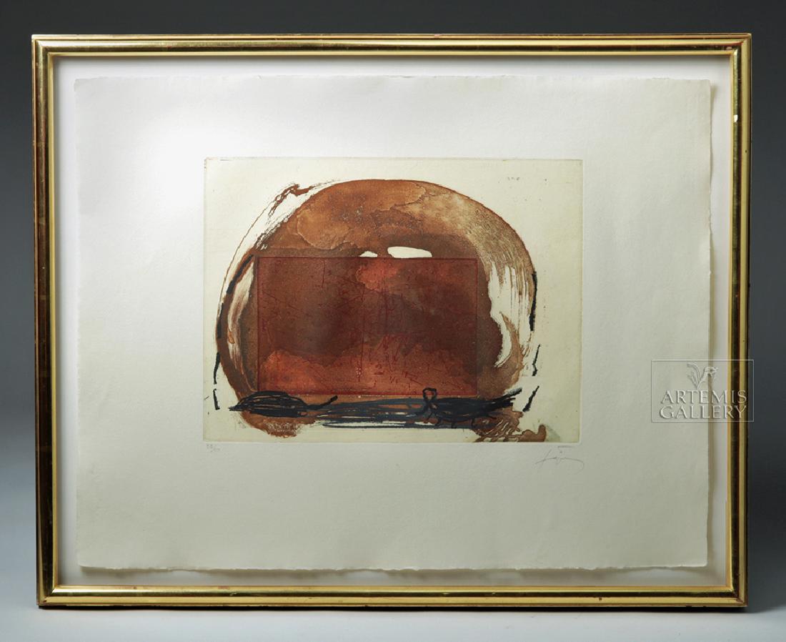 Antoni Tapies Color Aquatint, "Crane" 1984: Antoni Tapies (Spanish, 1923-2012), "Crane" or "Cranio", ca. 1984. An aquatint and etching in colors on wove paper, signed in pencil and numbered 33/50 by Antoni Tapies below the plate mark. Tapies wa