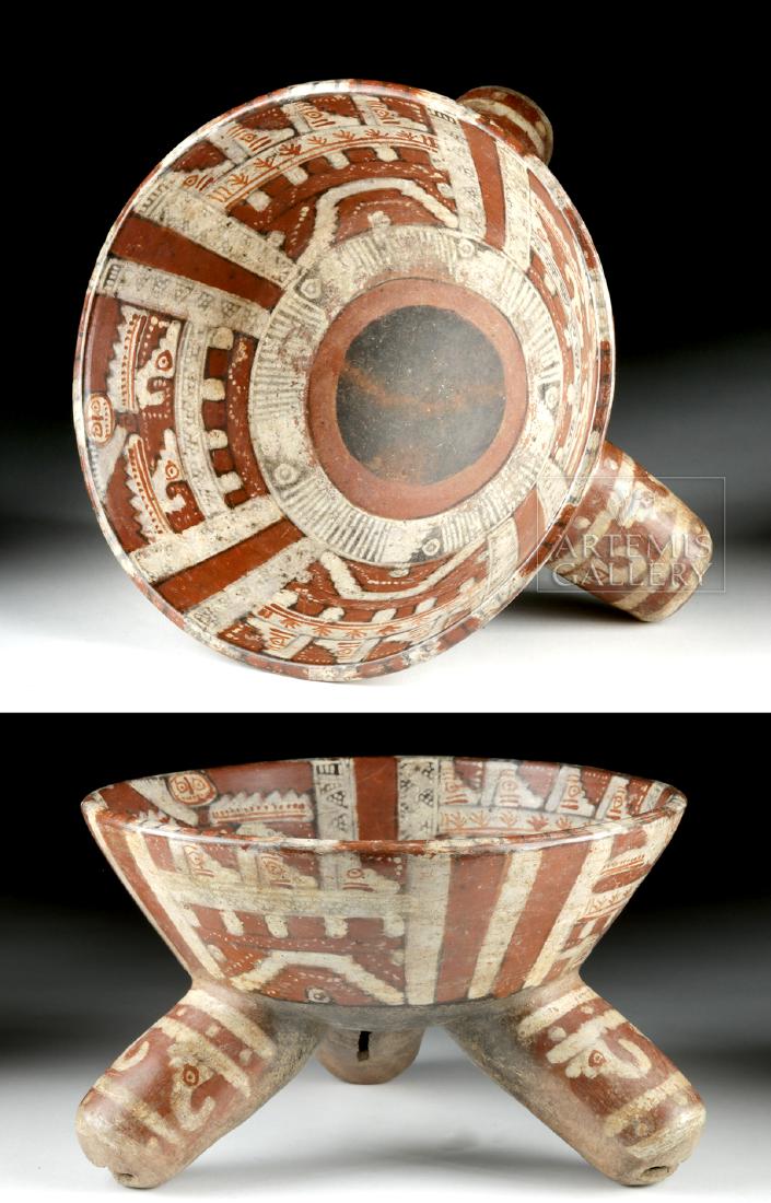 Mixtec Polychrome Tripod Rattle Bowl: Pre-Columbian, Southwestern Mexico, probably Puebla area, Post-Classic period, Mixtec, ca. 1300 to 1521 CE. A spectacular polychrome tripod rattle bowl, skillfully handbuilt from earthenware and elabo