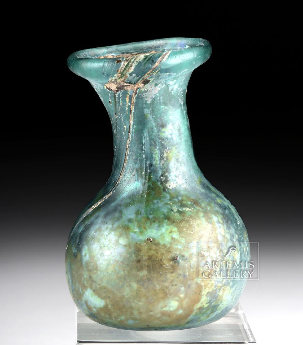 Roman Glass Flask - Teal Hues w/ Stunning Iridescence!: **Originally Listed At $200** Roman, Imperial Period, ca. 1st to 3rd century CE. A miniature free-blown glass flask of brilliant blue-green hues, its precious curvaceous form with a near-spherical bod