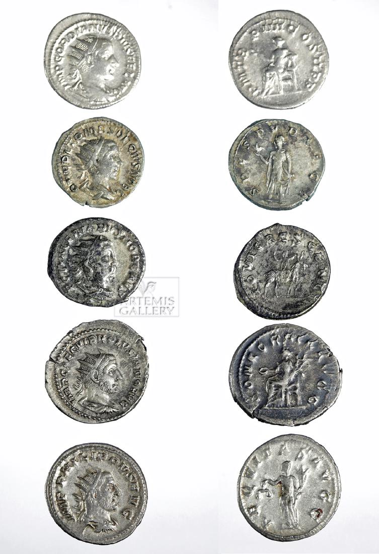 Lot 5 Roman Imperial Silver Antoninianii: **First Time At Auction** Lot includes the following coins: Gordian III, 238 to 244 CE. RIC IV 88; RSC 250. Weight 4.0 grams. Also, Valerian II, 253 to 255 CE. RIC 3. Weight 2.9 grams. Philip I, 