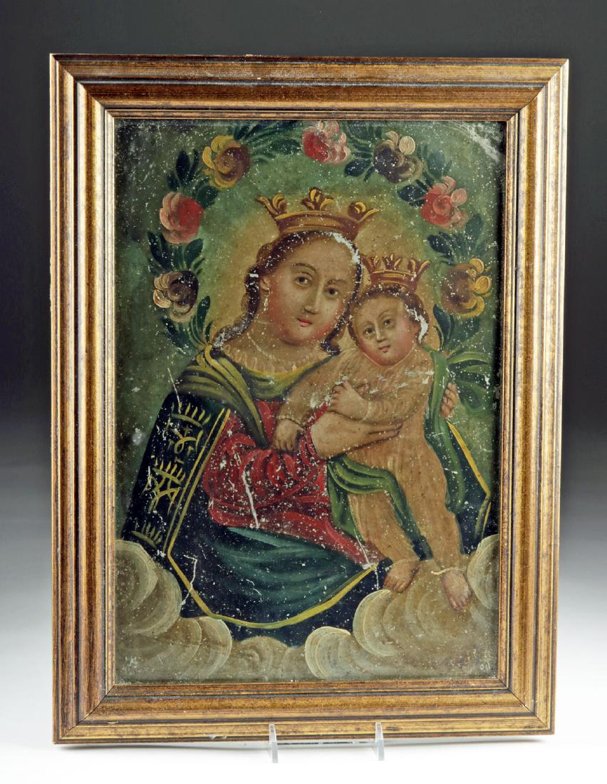 Framed 19th C. Mexican Retablo - Virgin & Child: Latin America, Mexico, ca. mid to late 19th century CE. A tender rendition of N.S. Refugio de Pecadores - Our Lady, Refuge of Sinners - painted on heavy gauge tin in vibrant hues and set in a gilded f