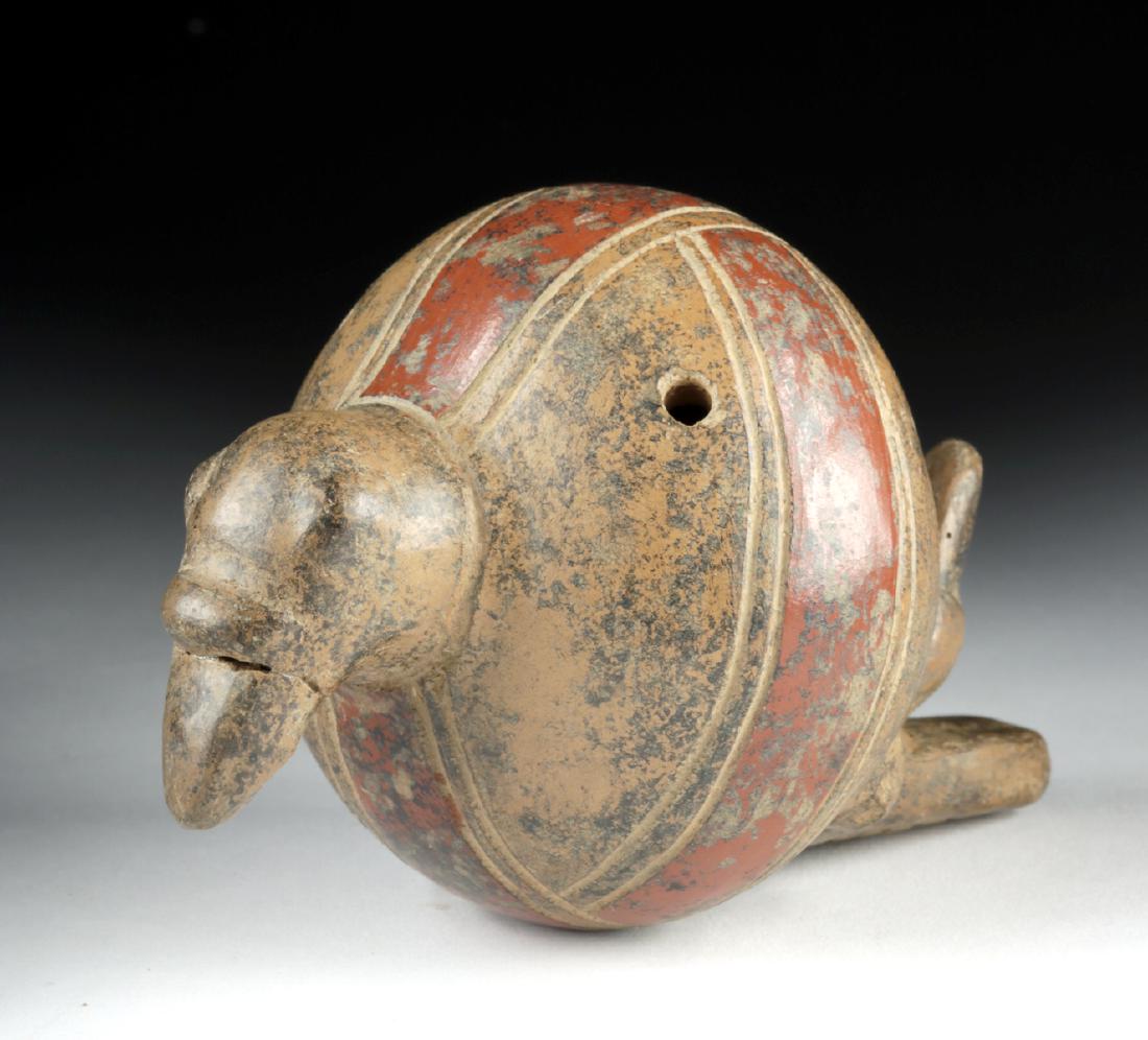 Large Costa Rican Pottery Bird Ocarina / Rattle: Pre-Columbian, Central America, Costa Rica, ca. 800 to 1200 CE. A wonderful hand-built pottery instrument capable of creating multiple types of sound. The highly-burnished instrument has a spherical b