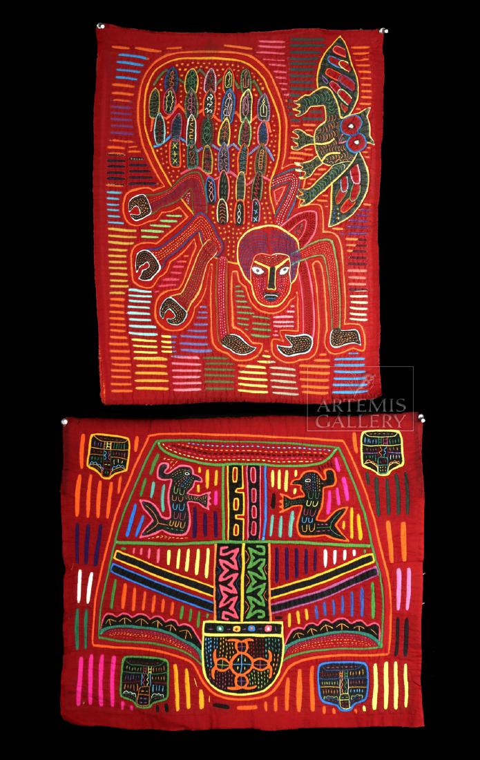 Lot of Two 20th C. Panamanian Polychrome Textile Molas: Central America, Panama, San Blas Islands, Kuna / Cuna, ca. mid-20th century CE. A fine set of two hand-woven molas with vivid polychrome decorations formed atop a vermilion-hued ground. One mola depi