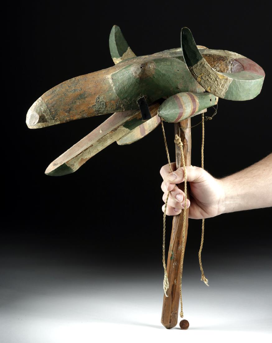 Mid-20th C. Mali Bozo Painted Wood Zoomorphic Mask: West Africa, Mali, Bozo peoples, ca. mid-20th century CE. A hand-carved wooden mask representing the spirit of a bush animal, either a gazelle or a goat indicated by the huge pair of curling horns. Th