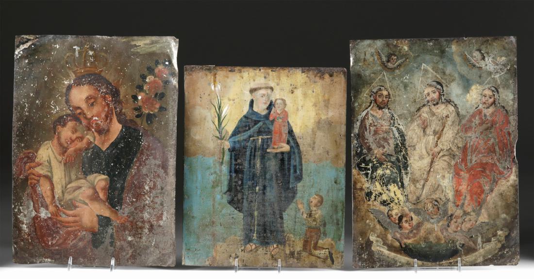 Lot of 3 Antique Mexican Retablos, Trinity & More: Latin America, Mexico, ca. 19th century CE. Skillfully painted on heavy gauge tin, three antique retablos. First, St. Joseph with the Christ Child - Joseph cradles the Child in his arms, while Jesus r