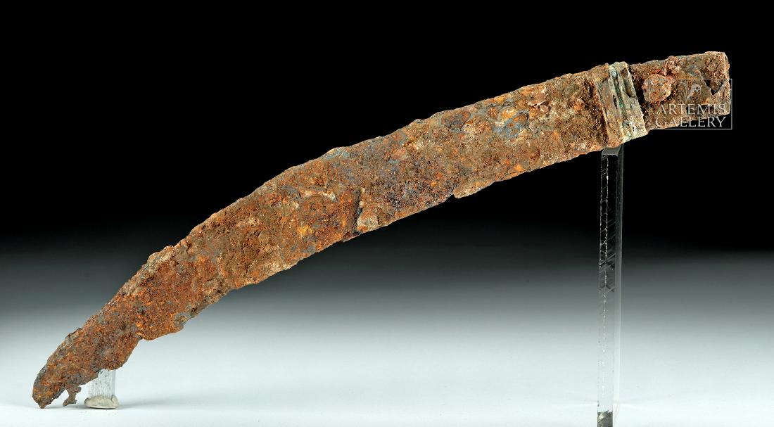 1st C. Celtic-Romano Iron Dagger w/ Bronze Guard: **Originally Listed At $500** Ancient Western Europe, Celtic-Roman border region, ca. 1st century BCE. A beautiful forged-iron dagger with a curved profile boasting a thick spine, a sharpened edge, an