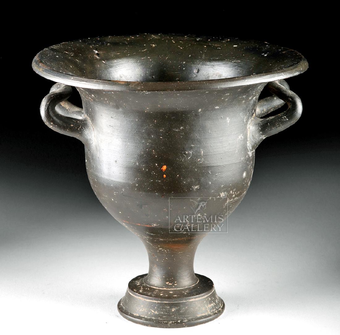 Published Campanian Black Figure Bell Krater: Magna Graecia, South Italic Colonies, Campania, ca. 4th century BCE. A lovely wheel-thrown pottery krater amphora with a tapered discoid foot, a large bell-shaped body, a funnel mouth surrounded by a