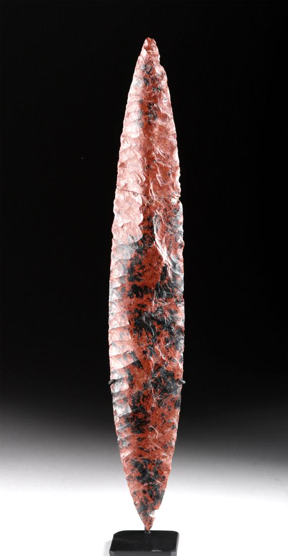 Colima Mahogany Obsidian Ceremonial Blade: Pre-Columbian, West Mexico, Colima, ca. 300 BCE to 300 CE. A beautiful stone spear point created from a gorgeous chunk of mahogany obsidian (volcanic glass with iron inclusions). The piece is well-cra