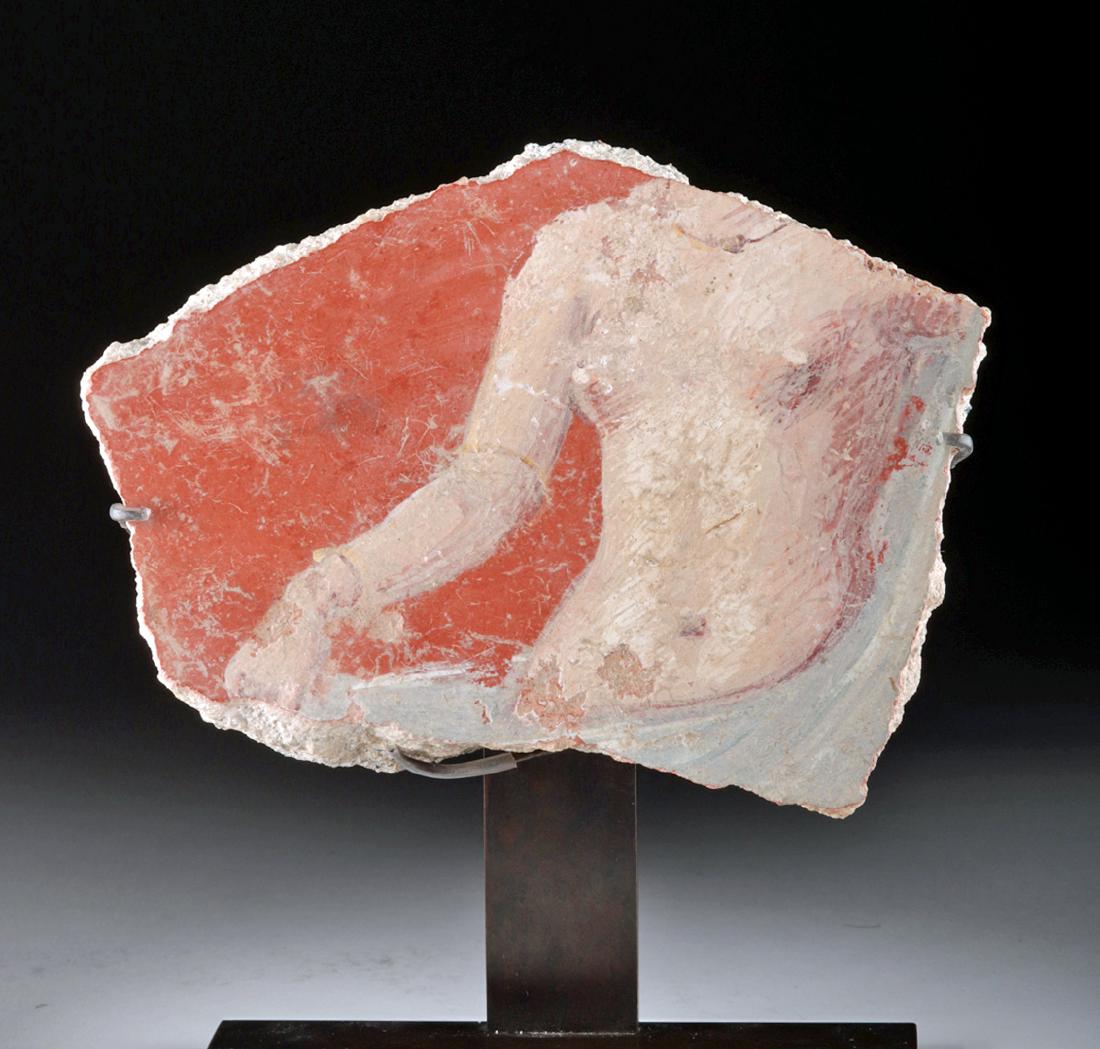 Published Roman Fresco Fragment w/ Display Case - Venus: Roman, Imperial Period, ca. 1st century CE. A special fresco fragment depicting the torso of Venus (Greek Aphrodite), nude save a swath of drapery falling from her shoulder to hips, and posed with her