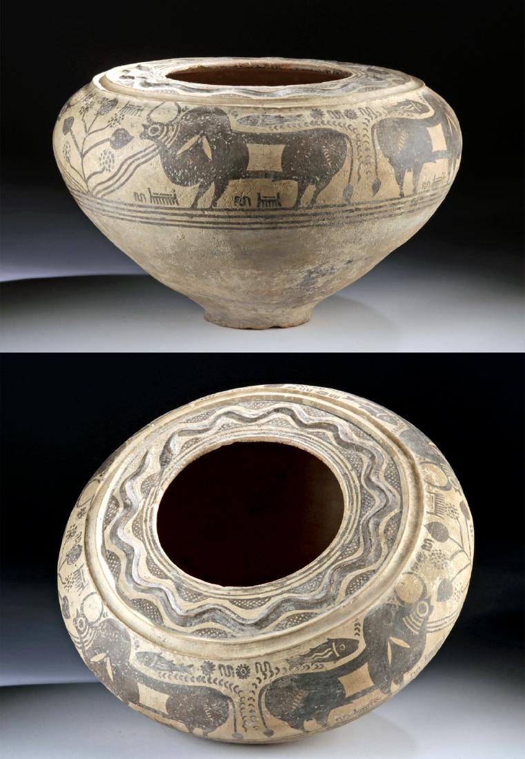 Huge Indus Valley Pottery Vessel - Bulls & Fish w/ TL: Ancient Central Asia, Indus Valley, ca. 3rd millennium BCE. An enormous example of some of the earliest decorated pottery in Central Asia, a broad pottery vessel with a carinated body, a deep groove w