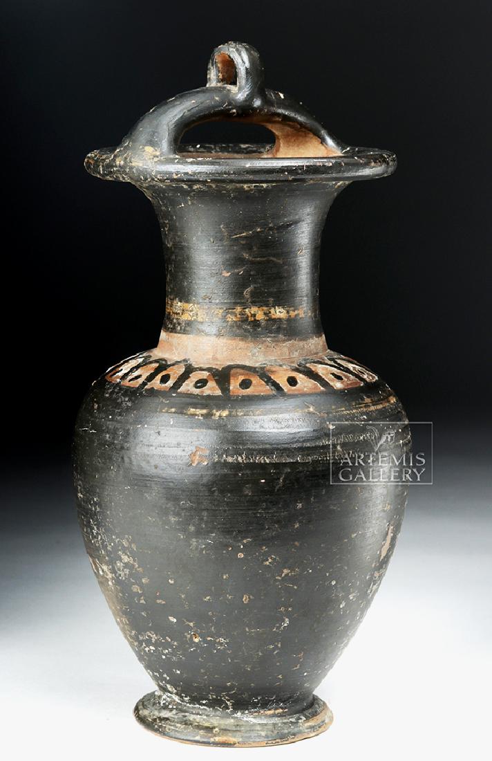 Tall Greek Campanian Bale Amphora: **Originally Listed At $800** Magna Graecia, Southern Italy, Campania, ca. 360 to 320 BCE. A beautiful wheel-thrown pottery bale amphora - so named for the bale handle at the top - with a flat base, a