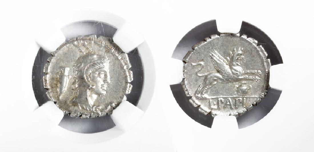 NGC Slabbed Silver Republican Denarius - L. Papius: **Originally Listed At $400** Roman Republic, L. Papius., Rome, ca. 79 BCE. OBVERSE: Head of Juno Sospita right, wearing goat's skin headdress; behind, amphora. REVERSE: L PAPI in exergue, griffin spr