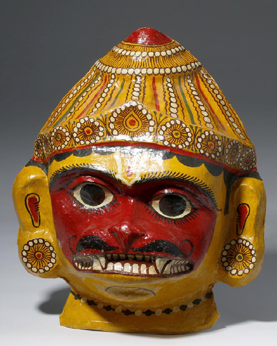 1960s Indian Papier-Mache Ravana Mask: **Originally Listed At $150** India, Puri Orissa, ca. 1969 CE. A stupendous papier mache Ravana demon mask presenting a boldly painted visage comprised of a bright yellow face with a scarlet red cente
