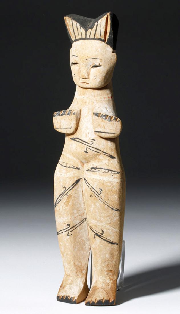 20th C. African Ibibio Painted Wood Doll: **Originally Listed At $100** Africa, Nigeria, Ibibio peoples, 20th century CE. A wooden doll, painted with white and black, with large hands and feet and a sweet face. Red decoration has mostly faded