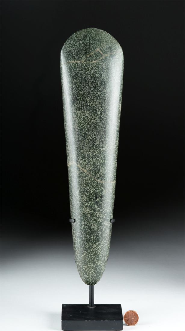 Early 20th C. Papua New Guinea Jadeite Adze: **Originally Listed At $750** Oceania, Northern Papua New Guinea, ca. early 20th century CE. A large and lovely adze blade, hand-carved from a mottled emerald-green jadeite with light inclusions and m