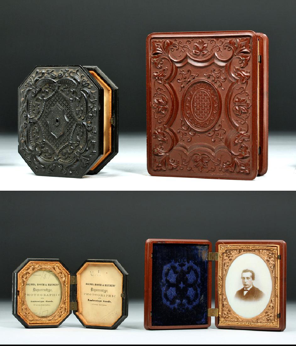 19th C. Tintype Photo & Case - Thermoplastic: **Originally Listed At $150** North America, United States, ca. mid 19th century CE. A pair of antique thermoplastic Union photograph cases, one with a tintype photo and one without. The smaller black