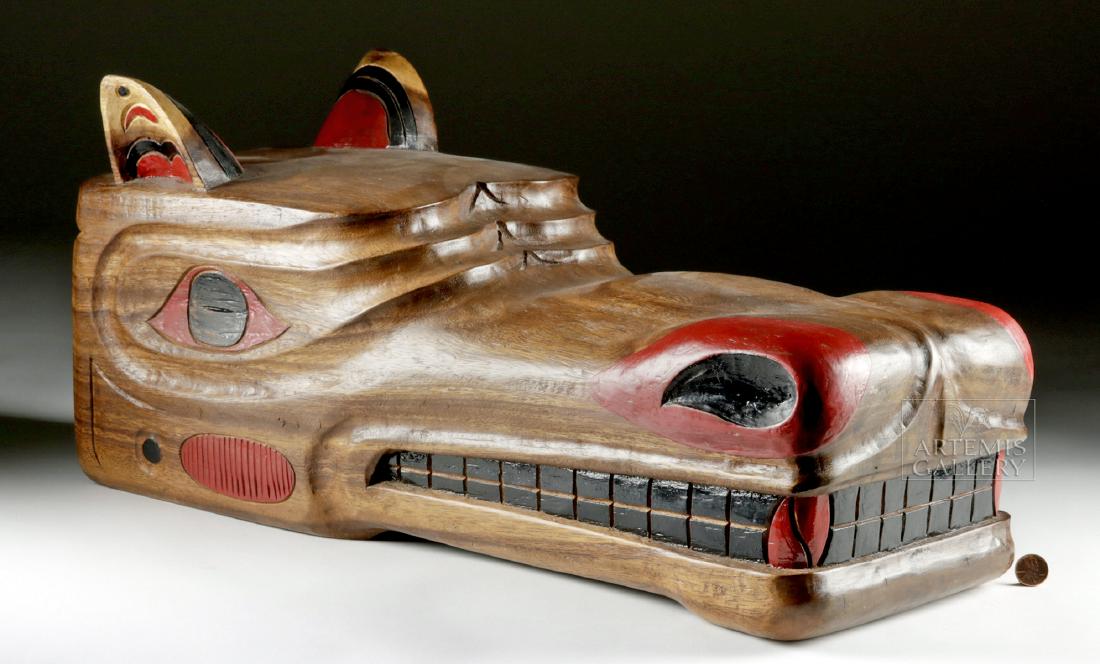 20th C. Northwest Coast Wood Wolf Head Carving: Native American, Pacific Northwest Coast, Northern Washington state to Vancouver Island, British Columbia, Makah or Nootka (Nuu-chah-nulth) tribe, ca. mid 20th century CE. A large head, possibly a mas