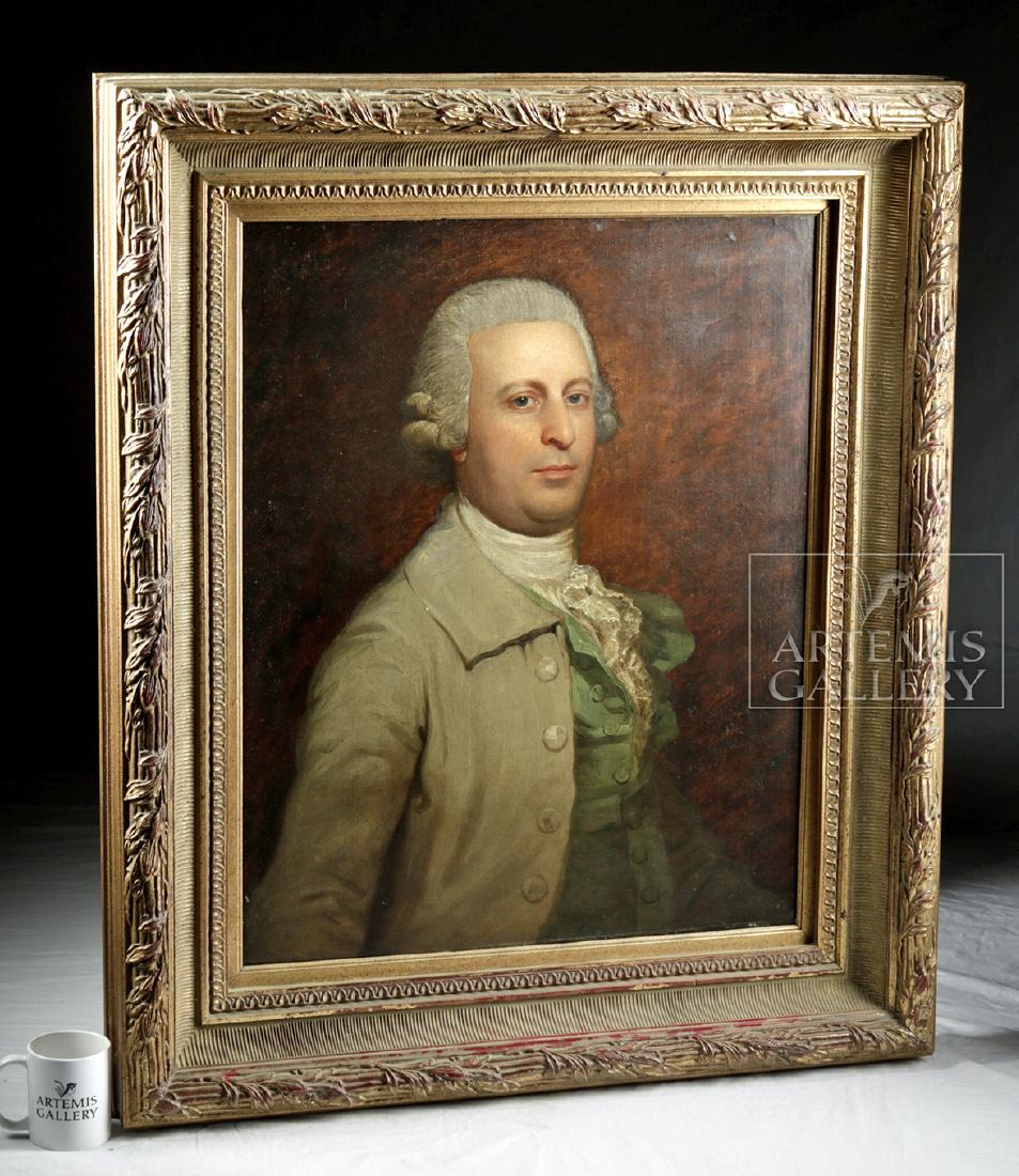 Framed 18th C. European Portrait Painting of Gentleman: European, Stuart (perhaps British or European), "Portrait of a Gentleman, in grey coat with green vest", oil on canvas, ca. 1765 CE. A very large 3/4 length portrait of a gentleman donning a fine butt