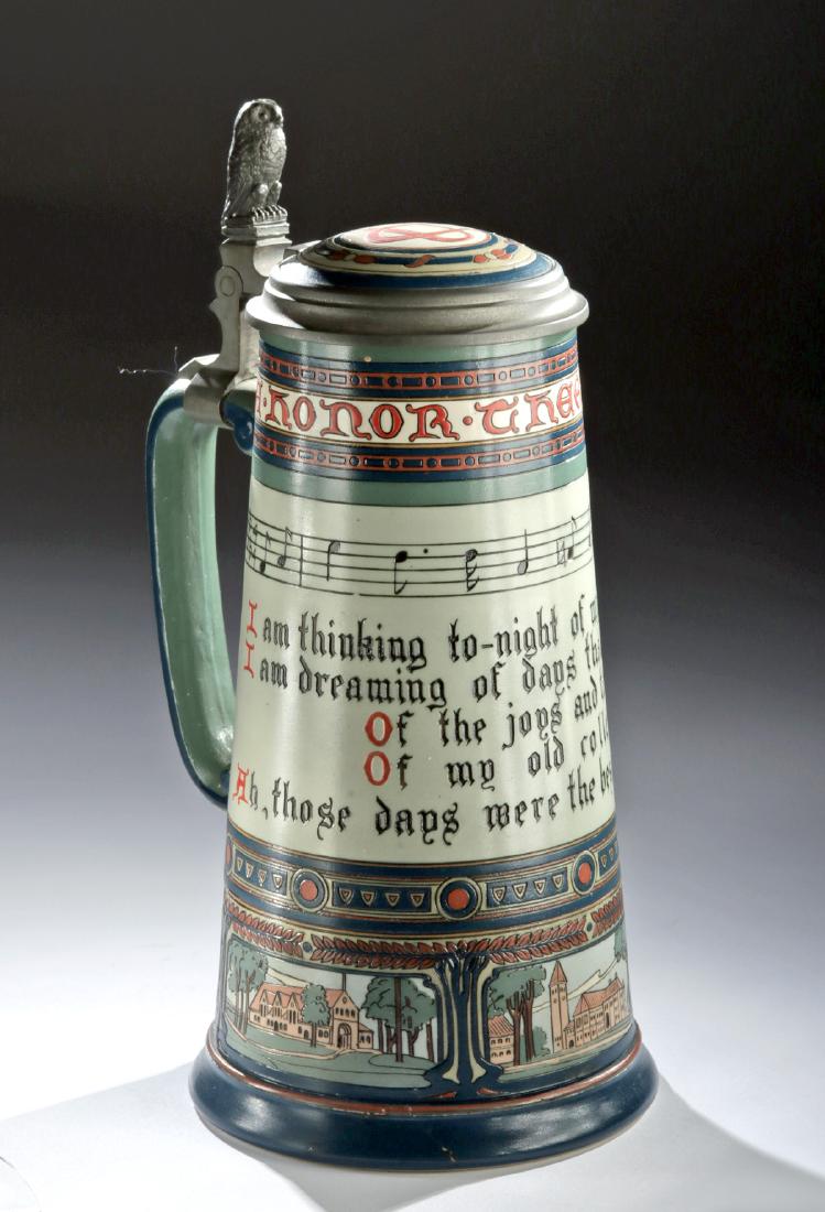 German Mettlach Stoneware & Pewter Cornell Stein, 1903: Europe, Germany, created by W. Miller and F. Ackerman for Mettlach Villeroy and Bosch. Ca. 1903. Mettlach Catalog No. 2871. Marked "Made exclusively for Rothschild Bros., Ithaca, N.Y., U.S.A." on unde