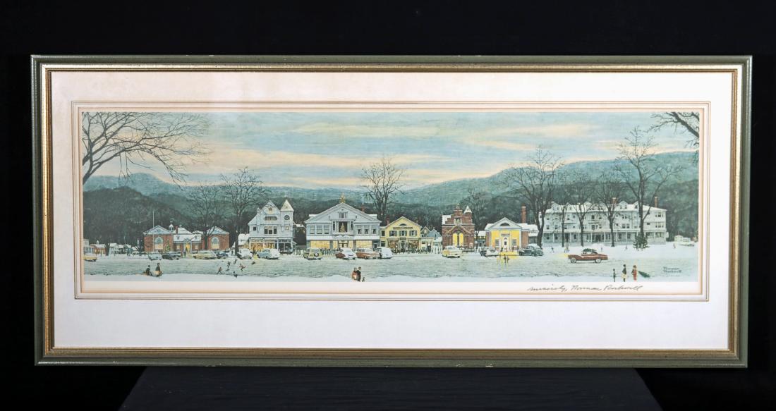Signed & Framed Normal Rockwell Print - Stockbridge: Norman Rockwell (American, 1894-1978). "Stockbridge Main Street at Christmas (Home for Christmas)" ca. 1967 - Signed in pencil by Rockwell along the lower right edge, "Sincerely, Norman Rockwell". A v