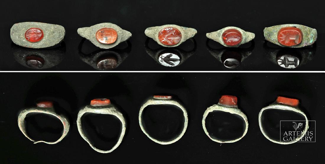 Lot of 5 Roman Bronze Rings w/ Carnelian Intaglios: 100% of the Hammer price of all lots sold in this auction will be donated to the Walk to End Alzheimer's Disease, the world's largest event to raise awareness and funds for Alzheimer's care, support a