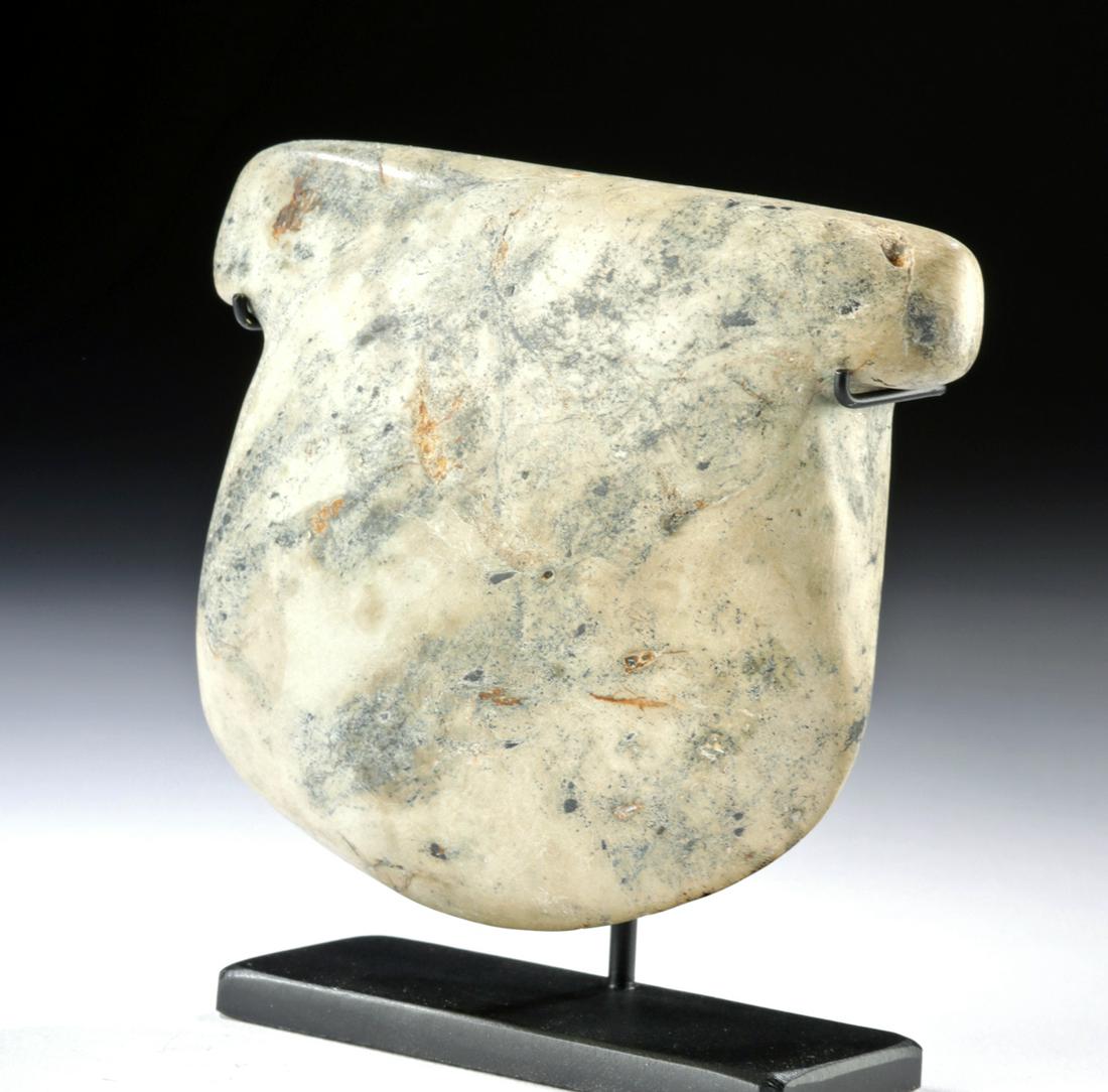Fine Valdivian Stone Ceremonial Hand Axe: Pre-Columbian, Ecuador, Valdivia/Shillacoto-Wairajirca culture, ca. 1800 to 1500 BCE. A beautiful hand axe of a wide, T-shaped form, hand-carved from mottled cream-hued stone with beige and blue-grey
