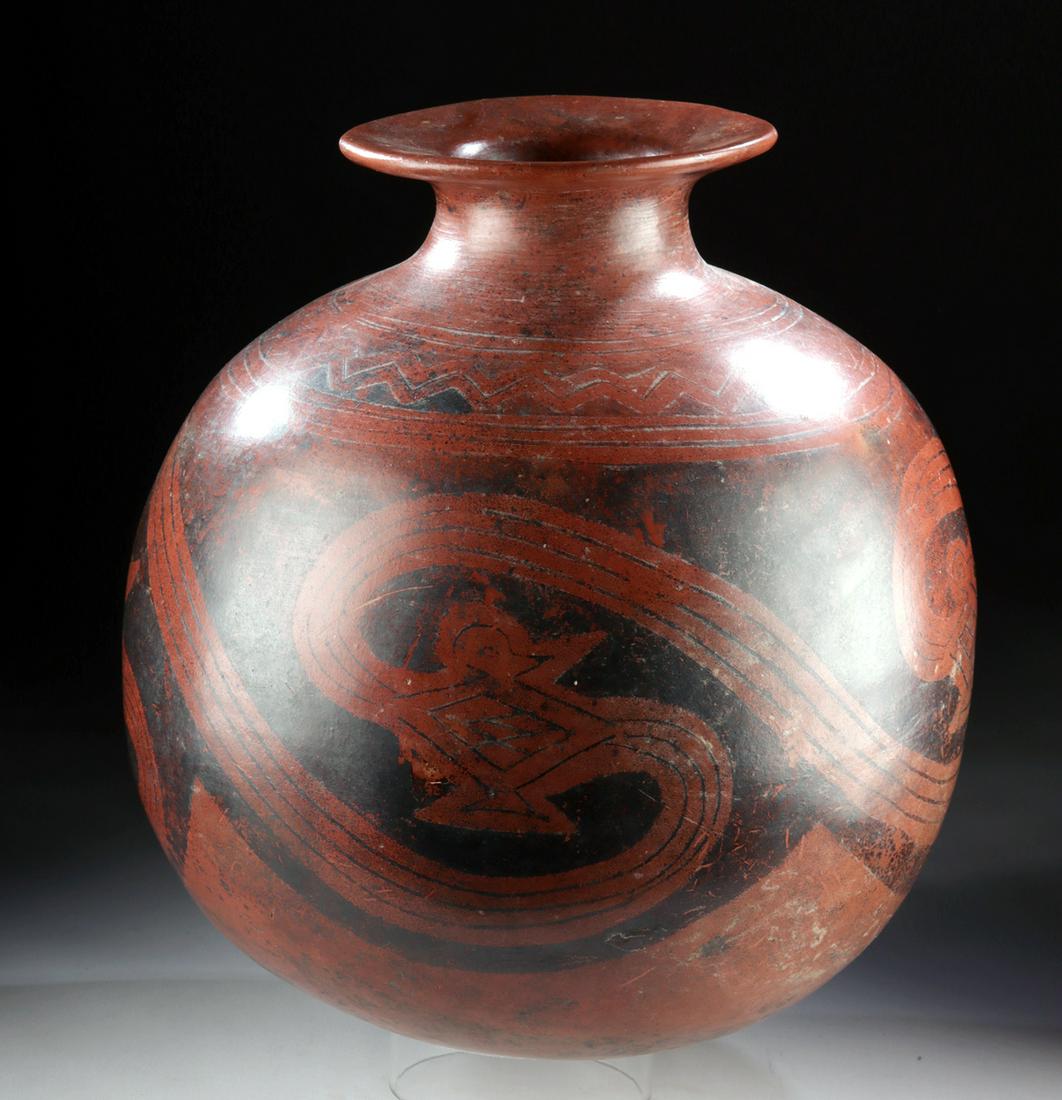 Huge / Rare Colima Redware Jar - Avian Motif: Pre-Columbian, West Mexico, Colima, Protoclassic Period, ca. 100 BCE to 250 CE. A stunning, hand-built redware pottery jar of a gargantuan, round-bottomed form with a spherical body, a sloping shoulde
