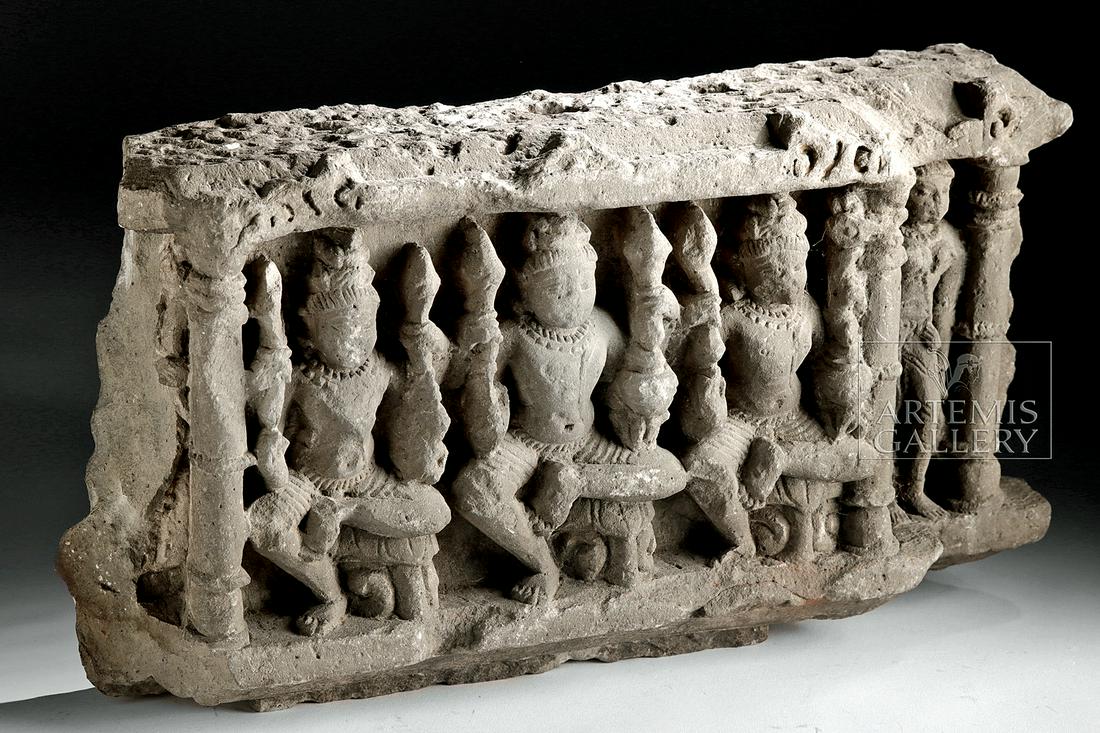 10th C. Indian Stone Relief Carving - Vishnu & Yakshi: Central Asia, east coast of India, Odisha (Orissa), ca. 10th to 12th century CE. An intriguing relief sculpture, hand-carved from pale grey stone, exhibiting three depictions of Shiva, the preserver i