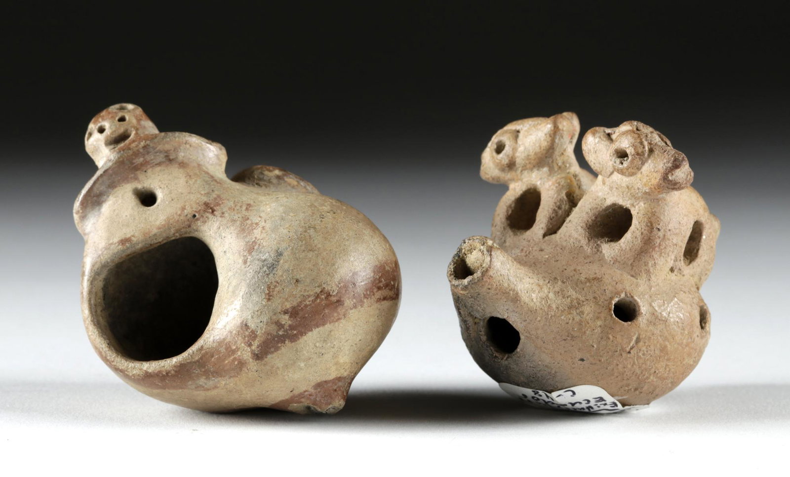Lot of 2 Narino Pottery Ocarinas w/ Zoomorphic Effigies (1 of 4)