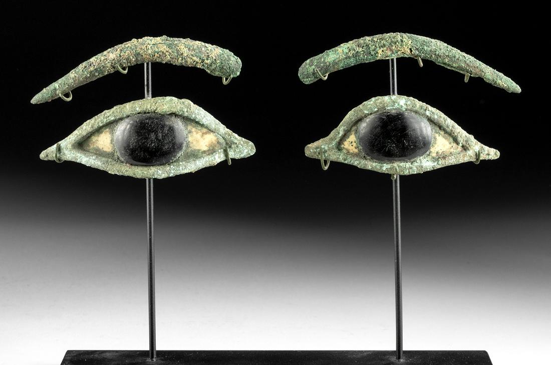 Egyptian Late Dynastic Bronze / Marble Eyes: Ancient Egypt, Late Dynastic Period, 26th to 31st Dynasty, ca. 664 to 332 BCE. An ever watchful pair of ancient bronze and marble or possibly alabaster eyes and bronze eyebrows, the alluring bronze ey