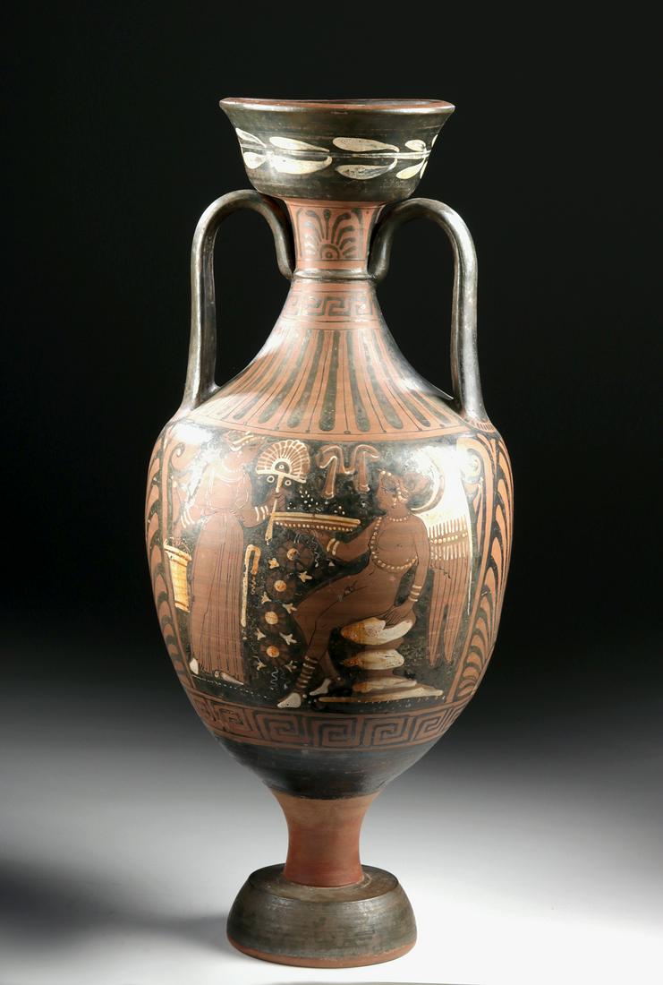 Apulian Red Figure Amphora, ex-Sotheby: Magna Graecia, Apulian, Group of Bologna, ca. 340 to 320 BCE. A wonderful red-figured amphora by the Group of Bologna 572 with an impressive iconographic and decorative program. Side A depicts woman h