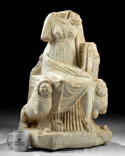 Roman Marble Goddess Magna Mater (Cybele) with Lions: Roman, Imperial Period, ca. 1st to 3rd century CE. A powerful portrait of an important Roman goddess, this is a half lifesize marble figure of Magna Mater (Cybele/Kybele/Rhea), sculpted from a warm, c