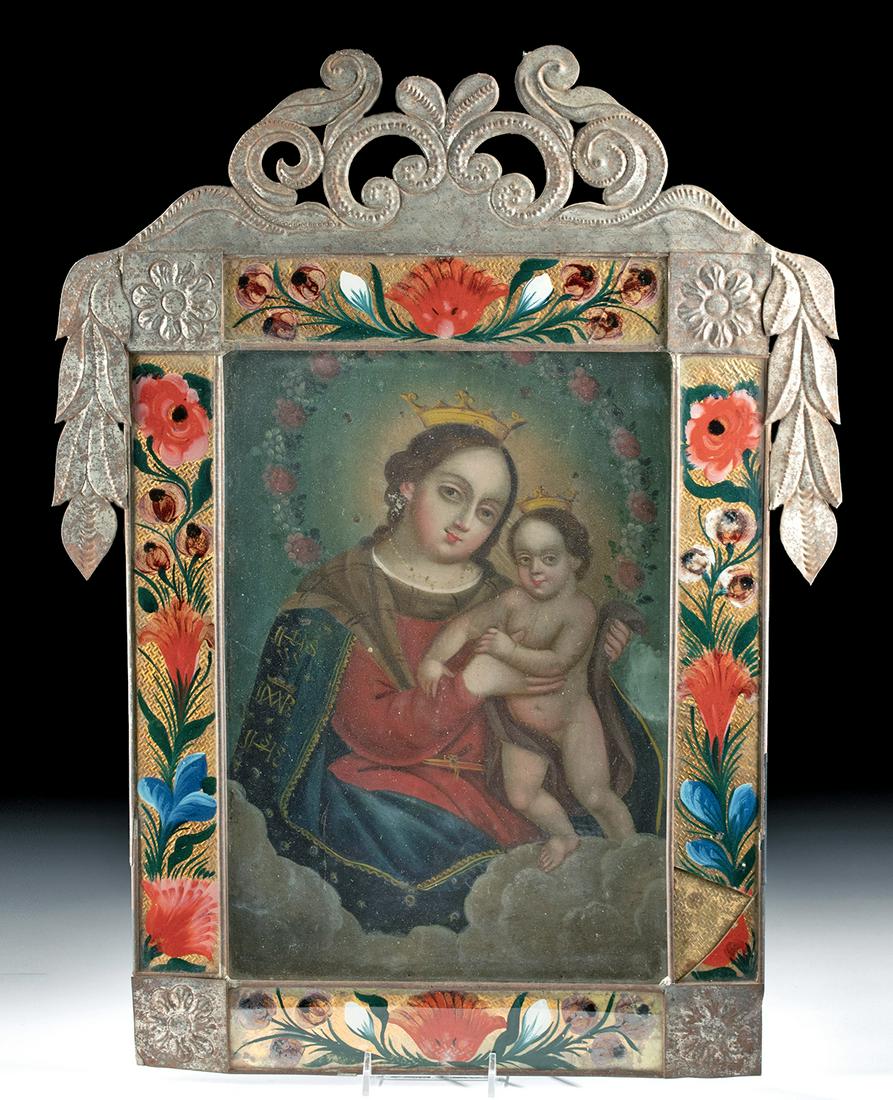 Framed 19th C. Mexican Retablo w/ Nicho - Mary & Jesus: Latin America, Mexico, ca. mid to late 19th century CE. A tender rendition of N.S. Refugio de Pecadores - Our Lady, Refuge of Sinners - painted on heavy gauge tin in vibrant hues and set in a tin nich