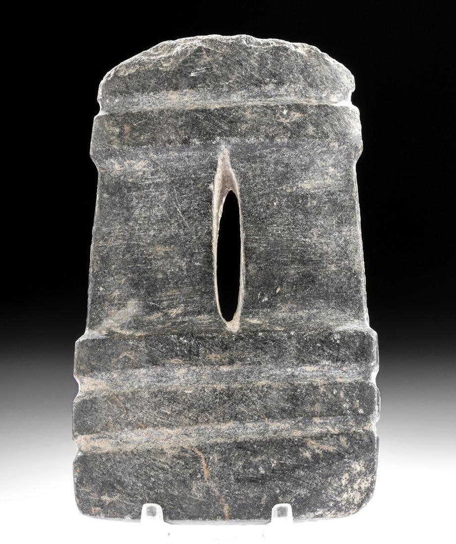 Guerrero Mezcala Stone Architectural Model of a Temple: Pre-Columbian, Mexico, Guerrero region, Mezcala culture, ca. 200 BCE to 500 CE. An interesting architectural model of a temple facade, hand-carved from a dark-grey hardstone. Mezcala sculptural houses