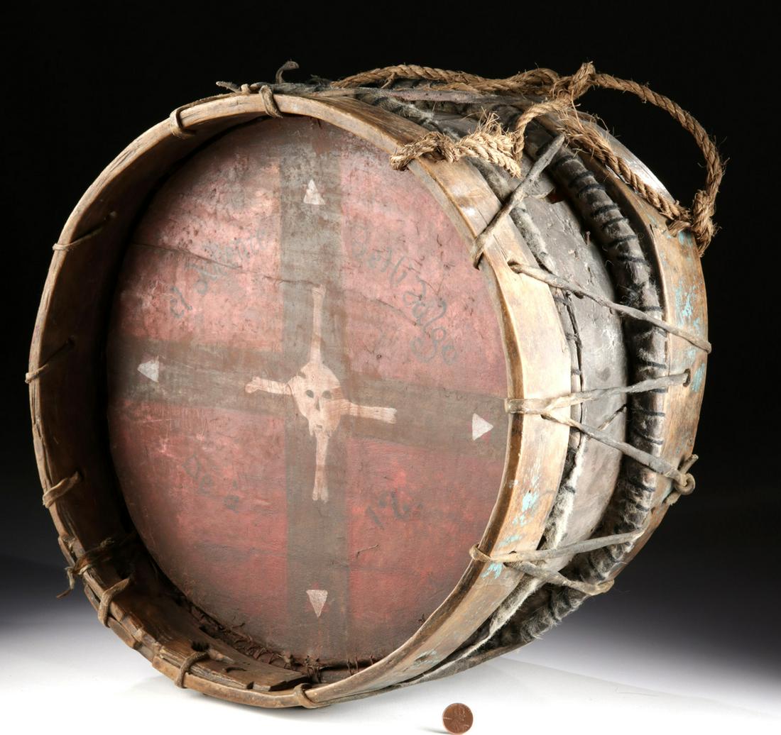 19th C. Mexican Wood Drum - Doliente de Hidalgo: North America, Mexico, ca. early 19th century CE. A fascinating wooden drum from the Doliente de Hidalgo, the rebel group in the Mexican War of Independence that sought revenge for the murder of the p