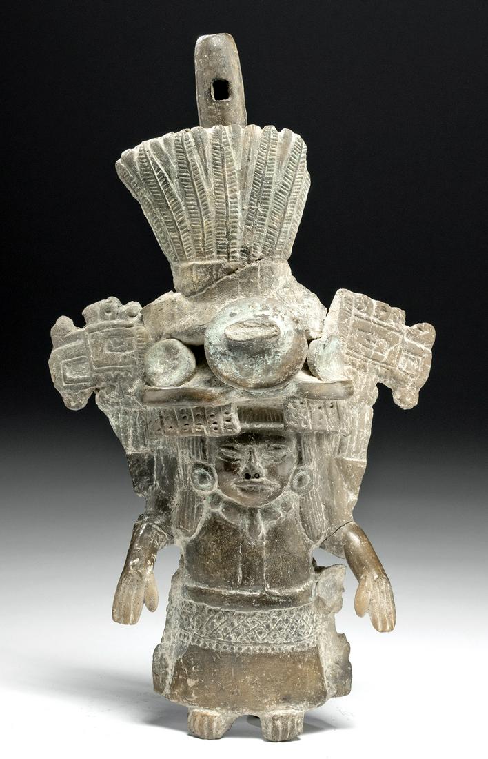 Veracruz Ceremonial Pottery Flute w/ Priest Figure: Pre-Columbian, Mexico, Veracruz culture, ca. 6th to 8th century CE. A fantastical flute with a priest or elite figure dressed in elaborate robes - and most of all an elaborate headdress! The figure st