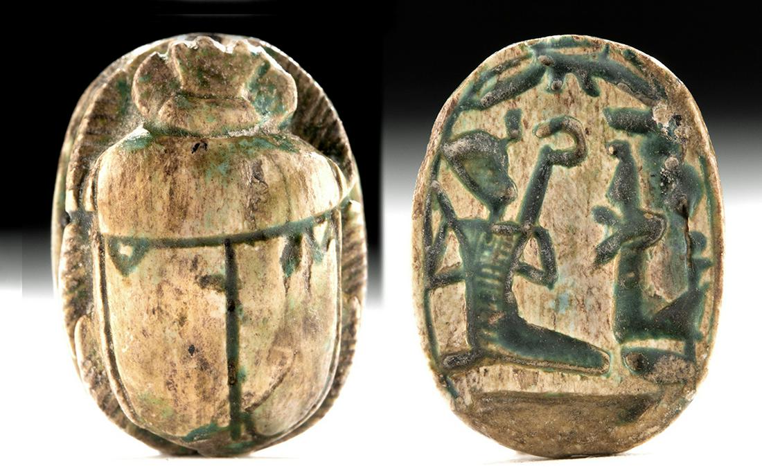 Egypt Steatite Scarab Amulet of Amenhotep III, ex-Mitry: **First Time At Auction** Ancient Egypt, New Kingdom, Eighteenth Dynasty, ca. 1391 to 1351 BCE. A beautiful green steatite scarab. On its underside, hieroglyphs read, "Neb-Maat-Ra-Neb-Hor", meaning Ki